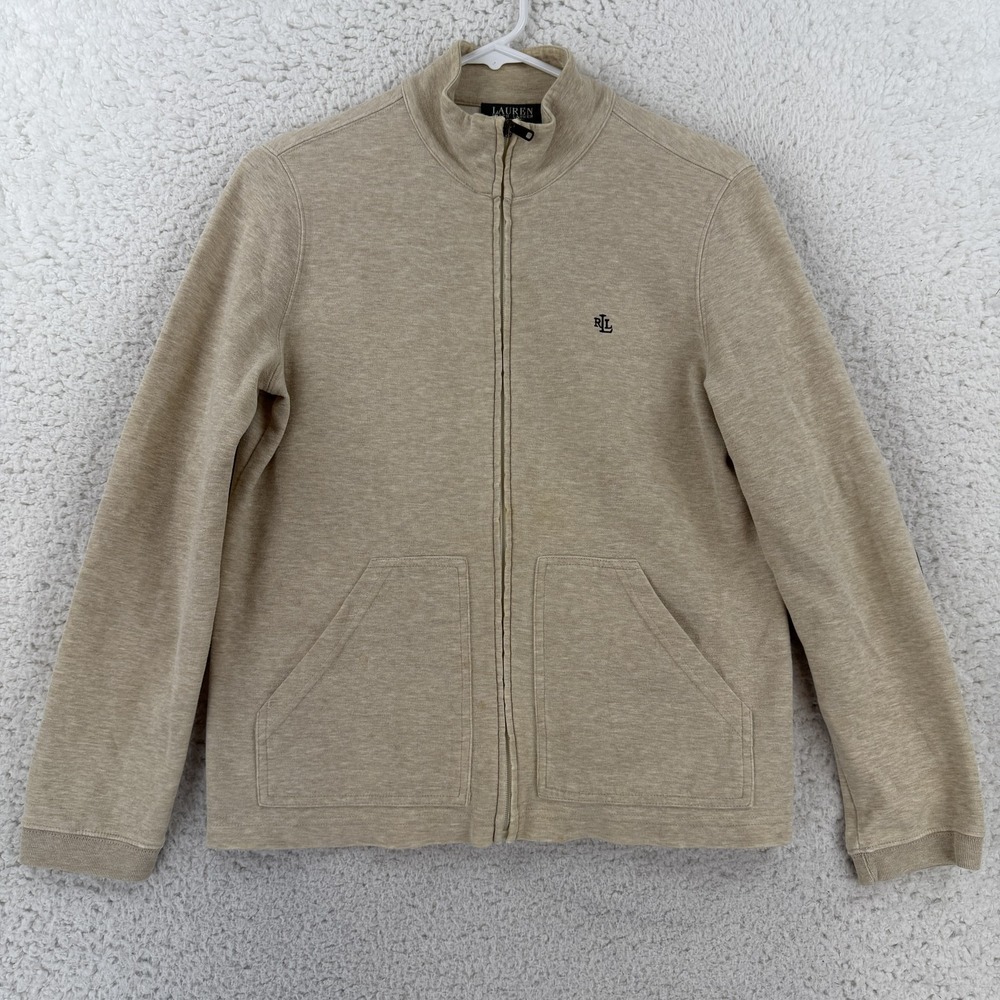 Lauren Ralph Lauren Sweatshirt Womens PM Beige Full Zip Mock Neck Elbow Patch